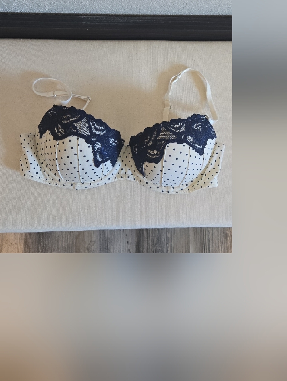 Candie's 36B White Polka Dot Bra with Navy Lace